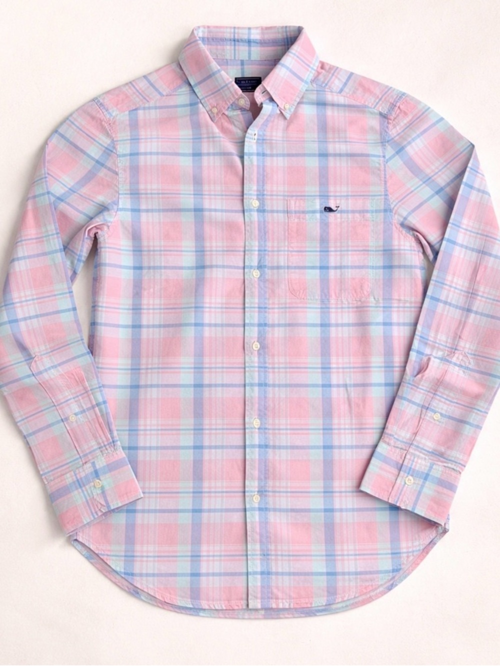 Vineyard Vines Pastel Pink and Light Blue Plaid Button-Down Shirt XS